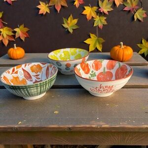 * Set 3 Prima Design Glazed Ceramic Cereal Soup Bowls Fall Theme Pumpkin Leaves